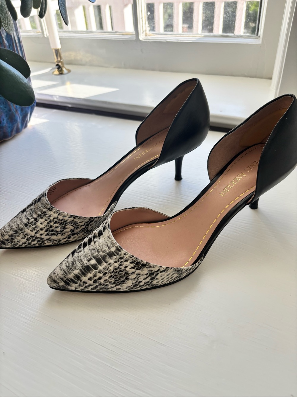 Enzo Angiolini Black & Snakeskin D'Orsay Kitten Heels